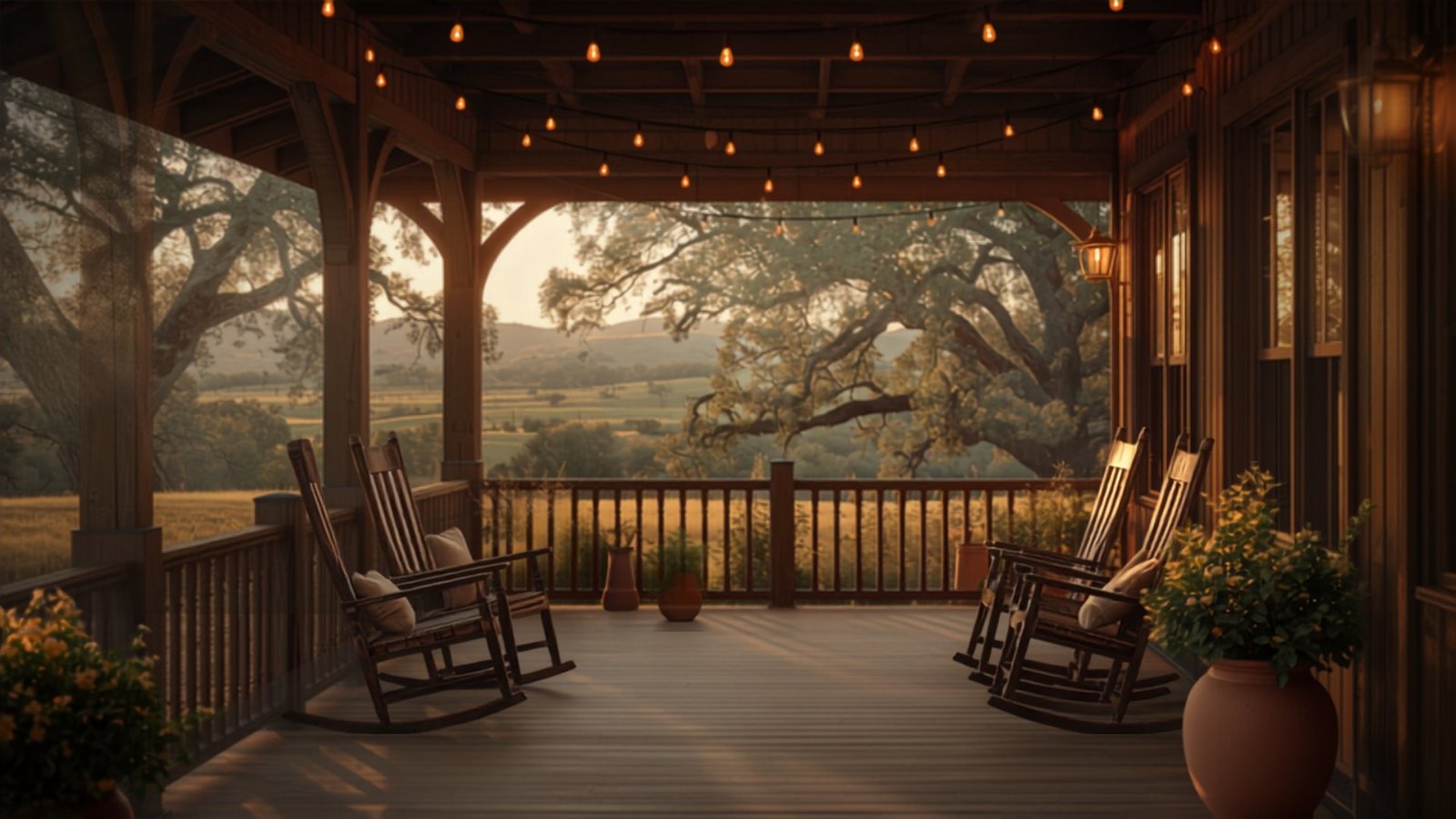 Covered barndominium porch with rocking chairs and Texas Hill Country views at dusk