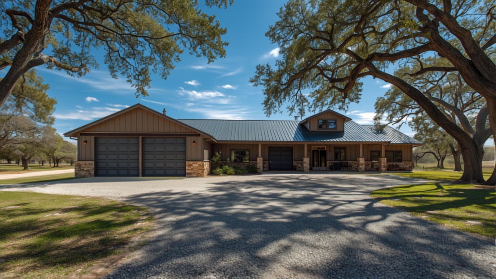 Texas Hill Country barndominium exterior with a two-bay garage and standing-seam metal roof