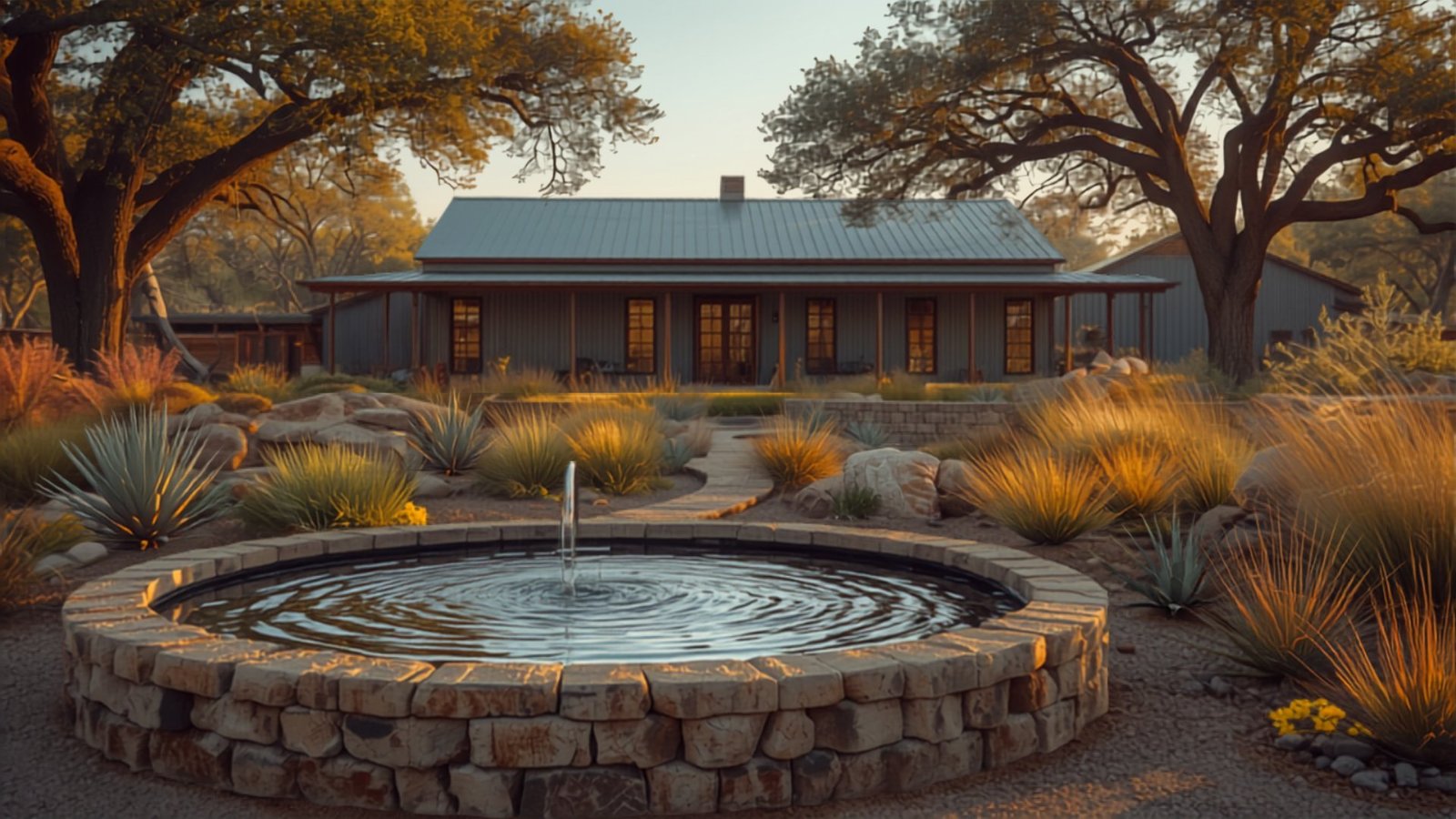 Texas Hill Country barndominium with native xeriscape landscaping and a stone water feature