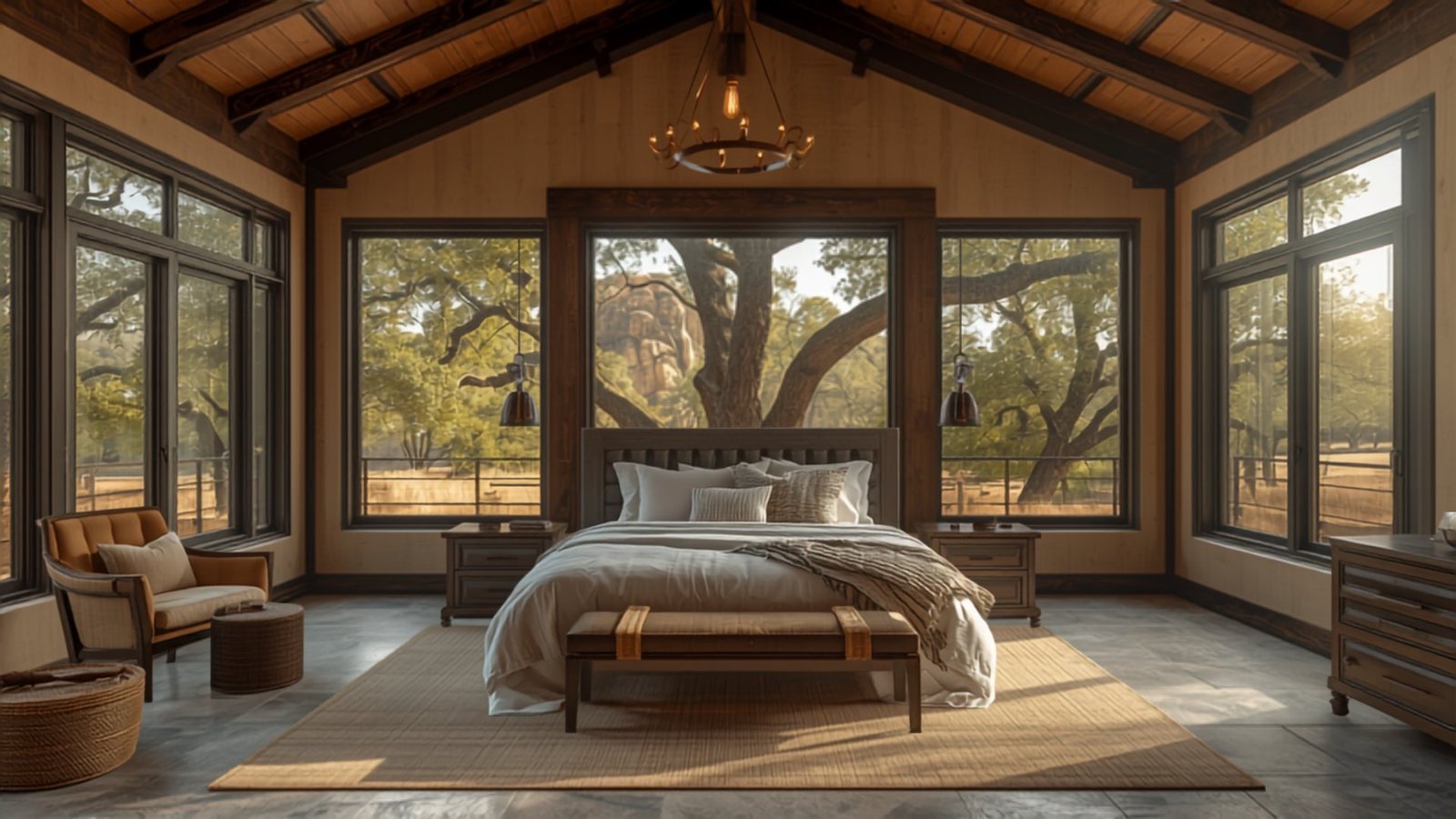 Barndominium master bedroom suite with vaulted wood-beam ceiling and Hill Country views