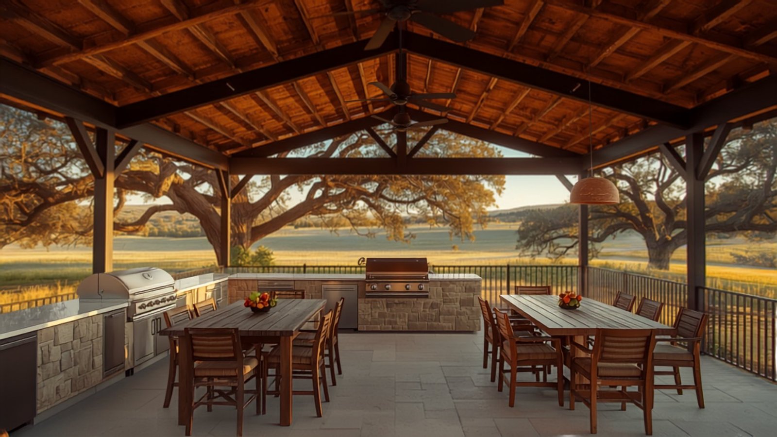 Covered barndominium porch with a stone outdoor kitchen and Texas Hill Country views
