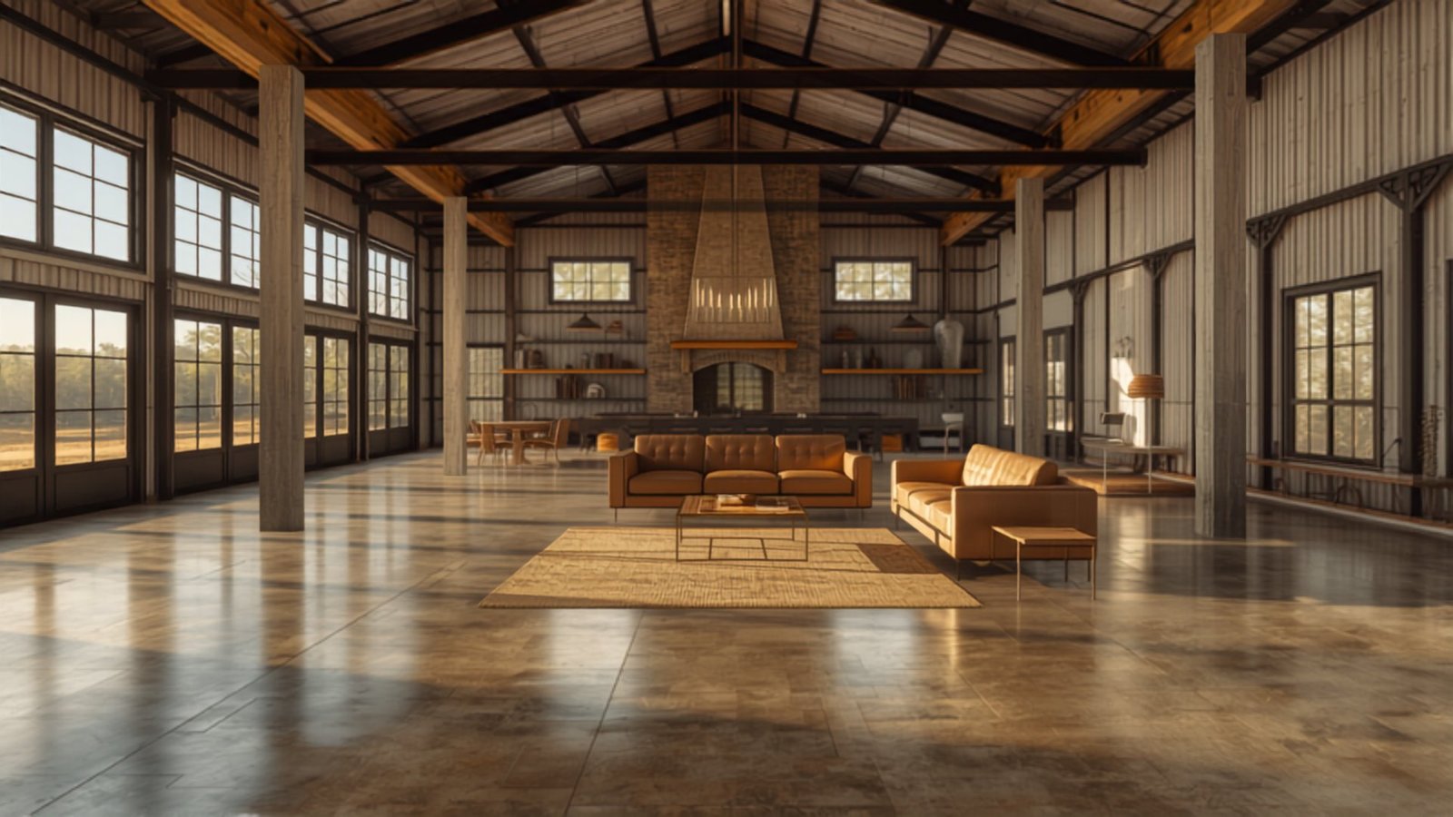 Open barndominium great room with polished, stained concrete floors and exposed steel structure