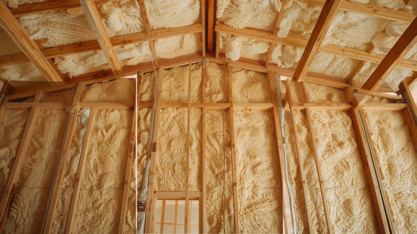 Spray foam insulation packed between the framing of a barndominium shell